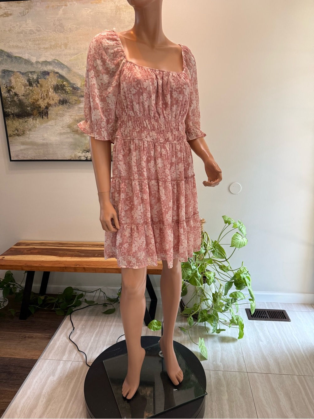 Trixxi Pink Floral Square-Neck Tiered layers  Dress semi sheer sleeves XL nwt